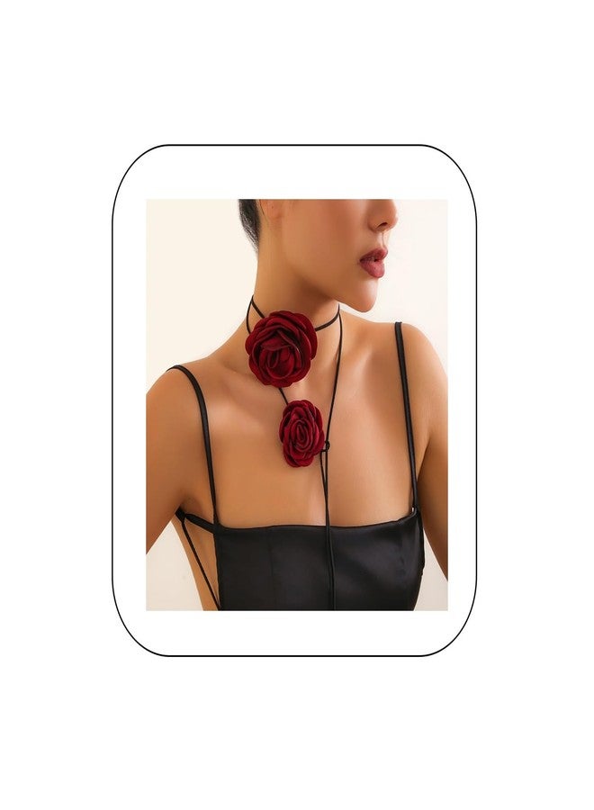 Rannyrena Vinatge Large Flower Choker Necklace 2pcs 3pcs Suede Long Wrap Necklaces Set Bow-knot Layered Tie Necklace with Artificial Rose Boho Party Accessories for Women (2 red) - Image 1